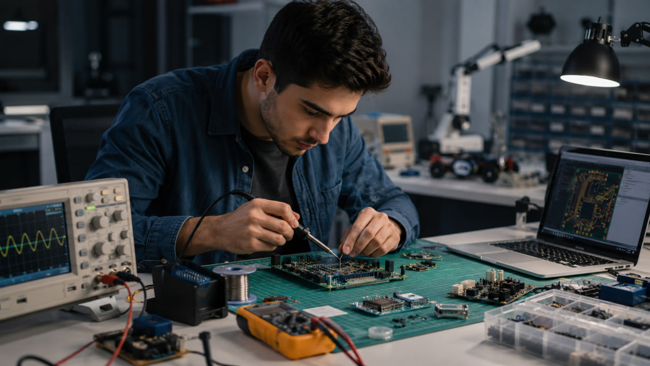 مهندس برق در حال طراحی برد الکترونیکی و مونتاژ قطعات
