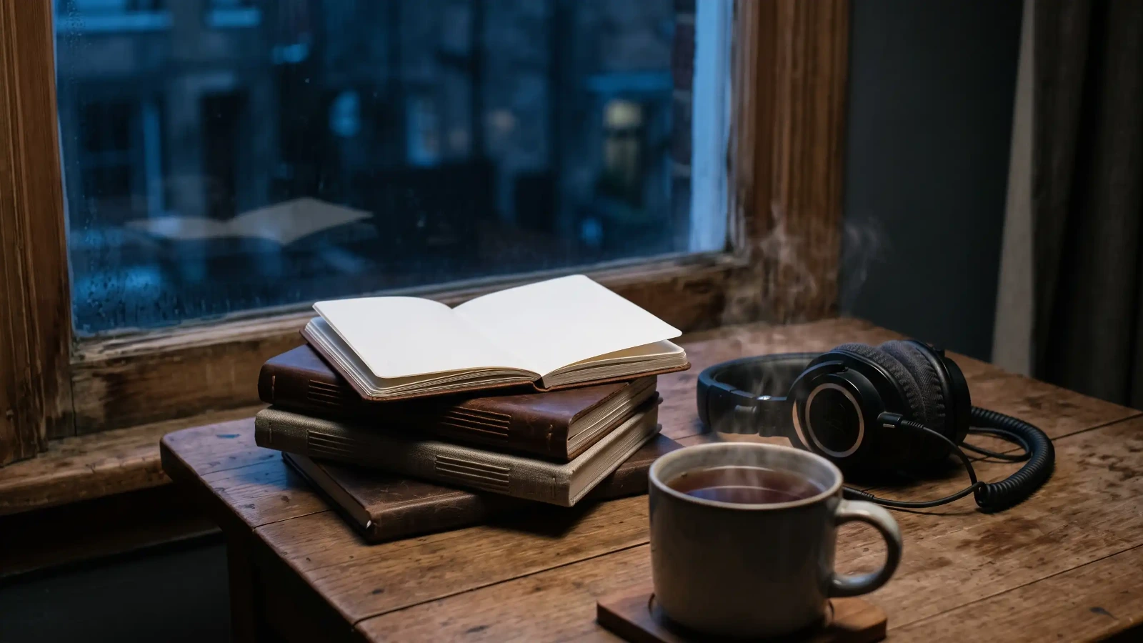 میز مطالعه کنار پنجره در غروب، مربوط به انتخاب رشته با رتبه بالای ۱۰۰۰ کنکور زبان